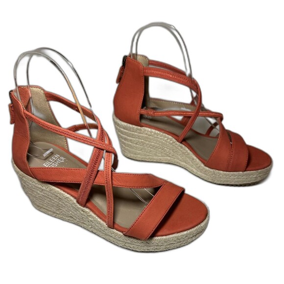 Eileen Fisher Wanda Wedge Orange Leather Espadrille Sandals‎ Womens SIZE 5.5 - Picture 3 of 5